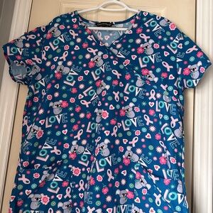 Blue Love Print Women's Scrub Top